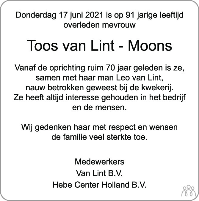 Overlijdensbericht van Toos van Lint-Moons in Gouwe Koerier / Weekblad Waddinxveen