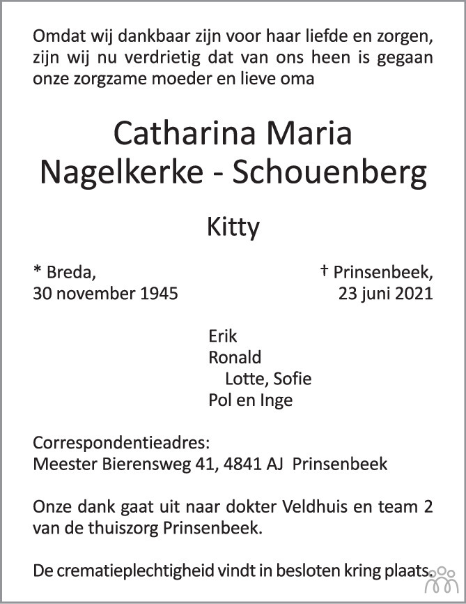 Overlijdensbericht van Catharina Maria (Kitty) Nagelkerke – Schouenberg in BN DeStem