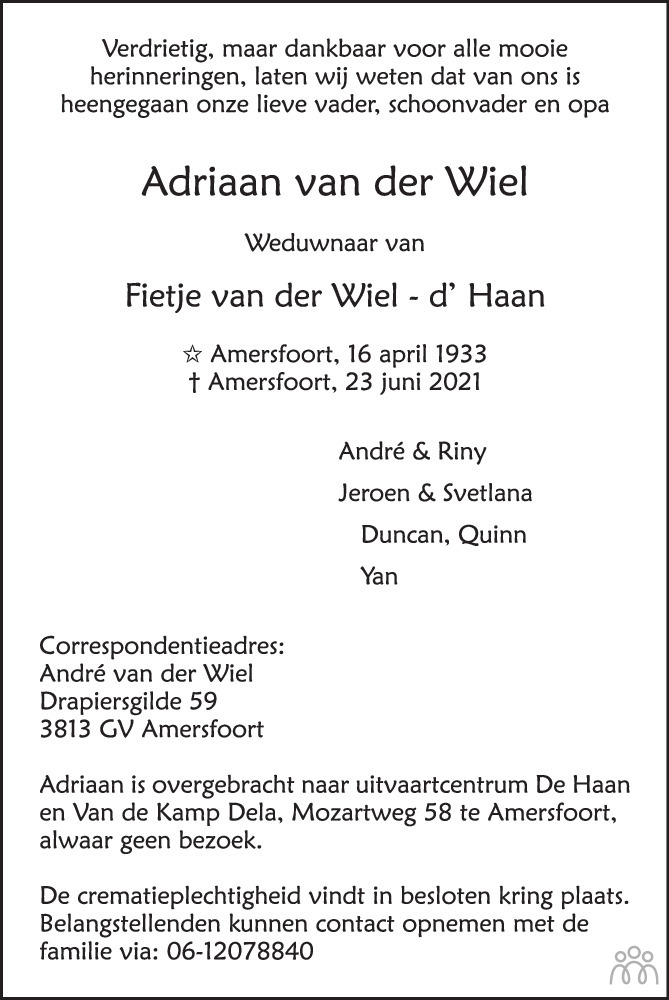 Adriaan van der Wiel 23-06-2021 overlijdensbericht en condoleances ...