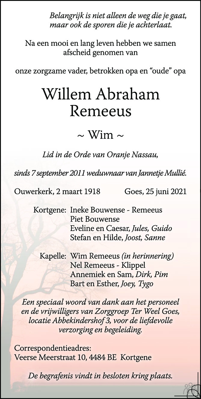 Overlijdensbericht van Willem Abraham (Wim) Remeeus in PZC Provinciale Zeeuwse Courant