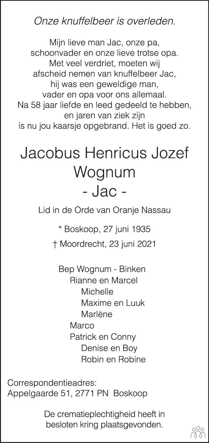 Overlijdensbericht van Jacobus Henricus Jozef (Jac Wognum in Gouwe Koerier / Weekblad Waddinxveen