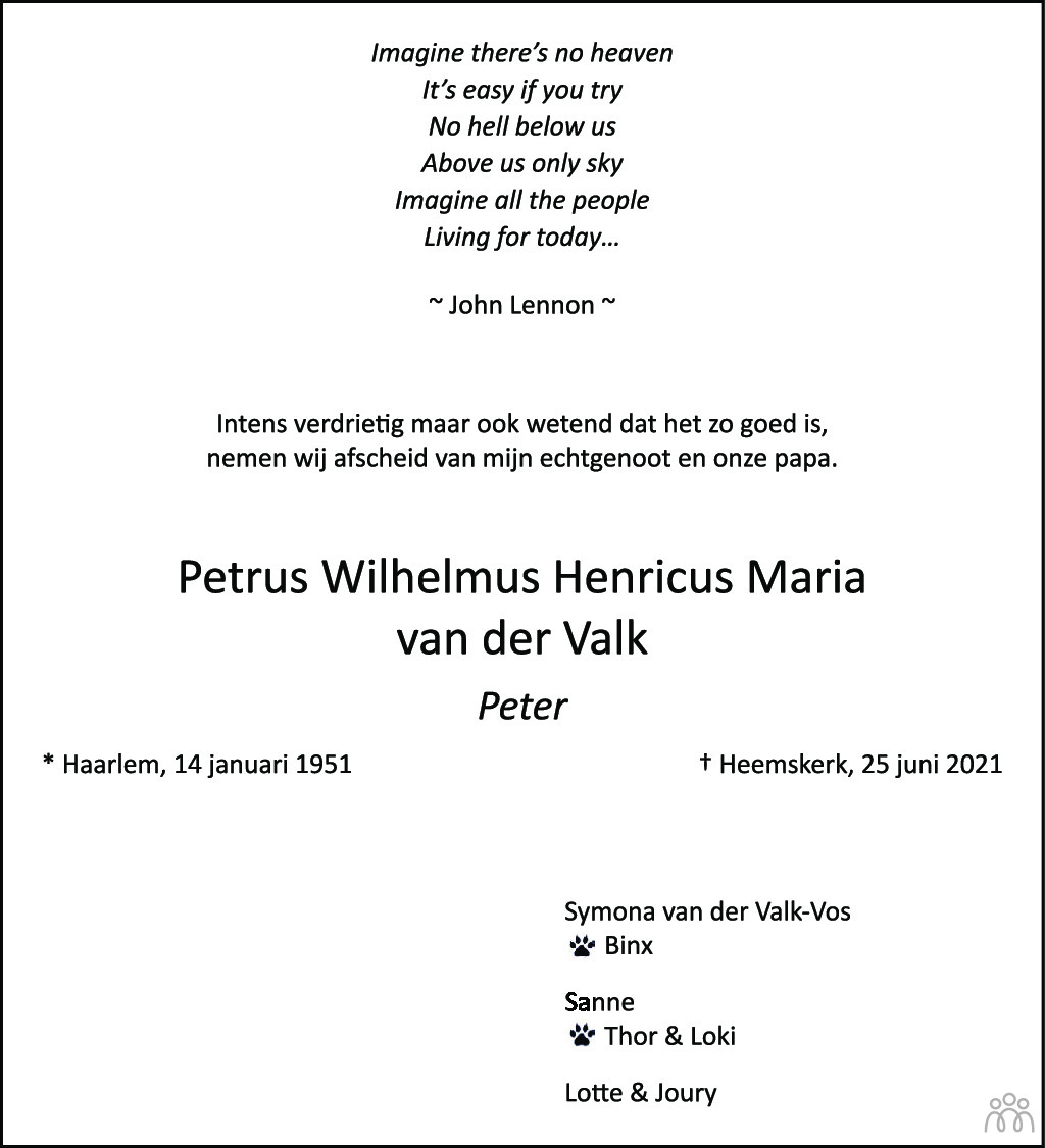 Petrus Wilhelmus Henricus Maria Peter Van Der Valk Overlijdensbericht En