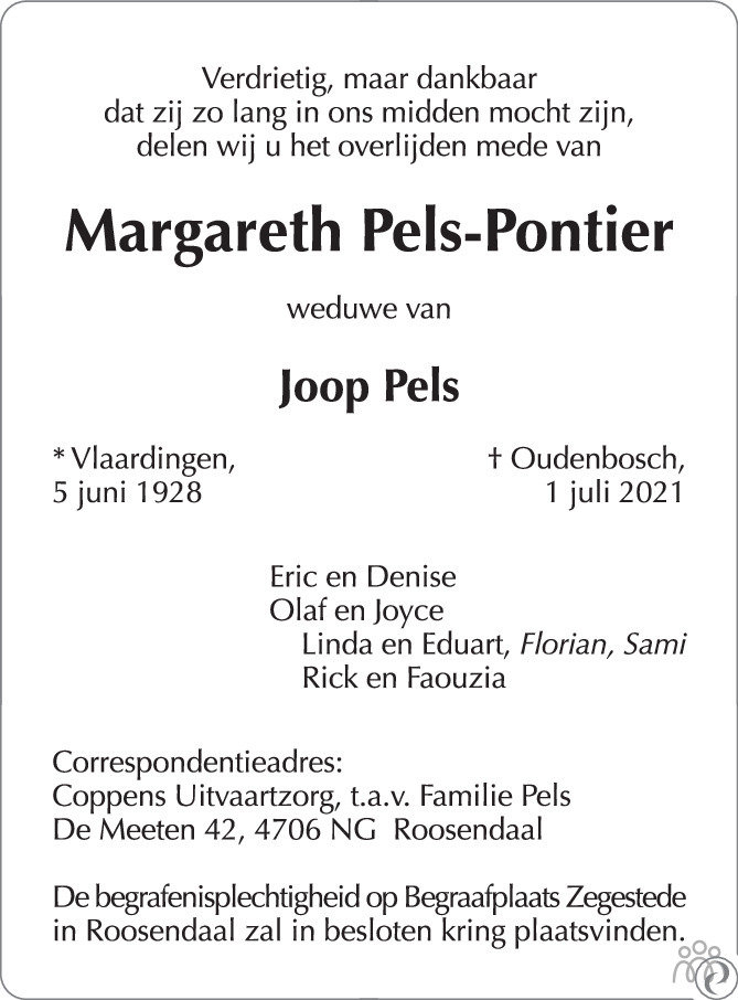 Overlijdensbericht van Margareth Pels-Pontier in BN DeStem