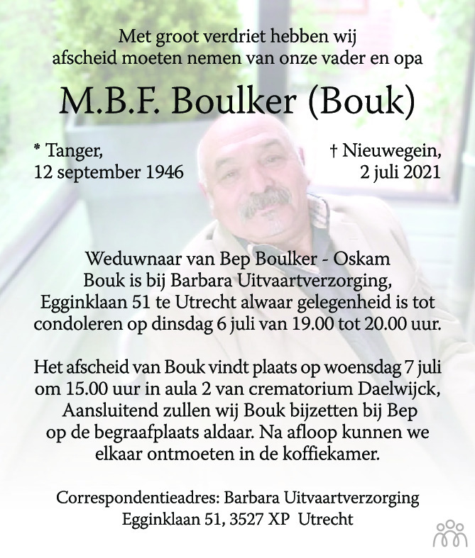 Overlijdensbericht van M.B.F. Boulker in AD Algemeen Dagblad