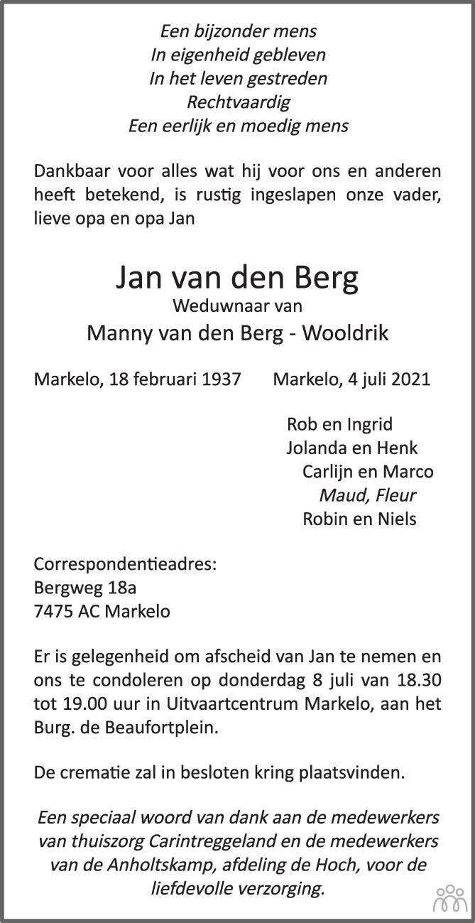 Jan van den Berg 04-07-2021 overlijdensbericht en condoleances ...