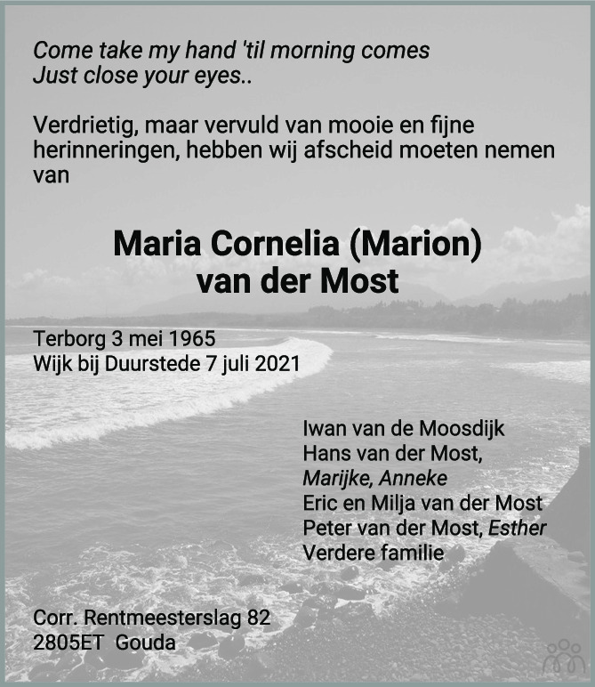Overlijdensbericht van Maria Cornelia (Marion) van der Most in AD Algemeen Dagblad