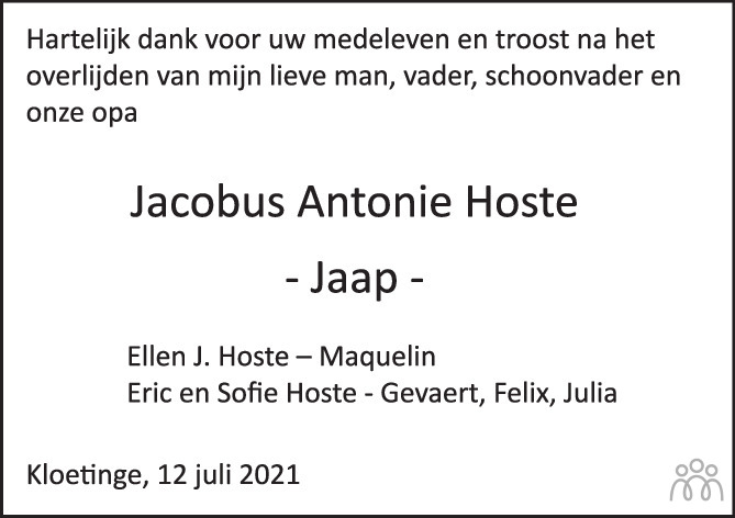 Overlijdensbericht van Jacobus Antonie (Jaap) Hoste in PZC Provinciale Zeeuwse Courant