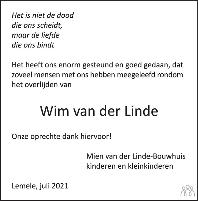 Overlijdensbericht van Wim van der Linde in de Stentor