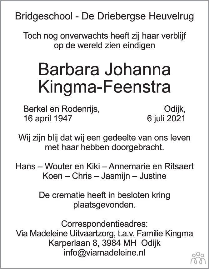 Overlijdensbericht van Barbara Johanna Kingma-Feenstra in De Nieuwsbode