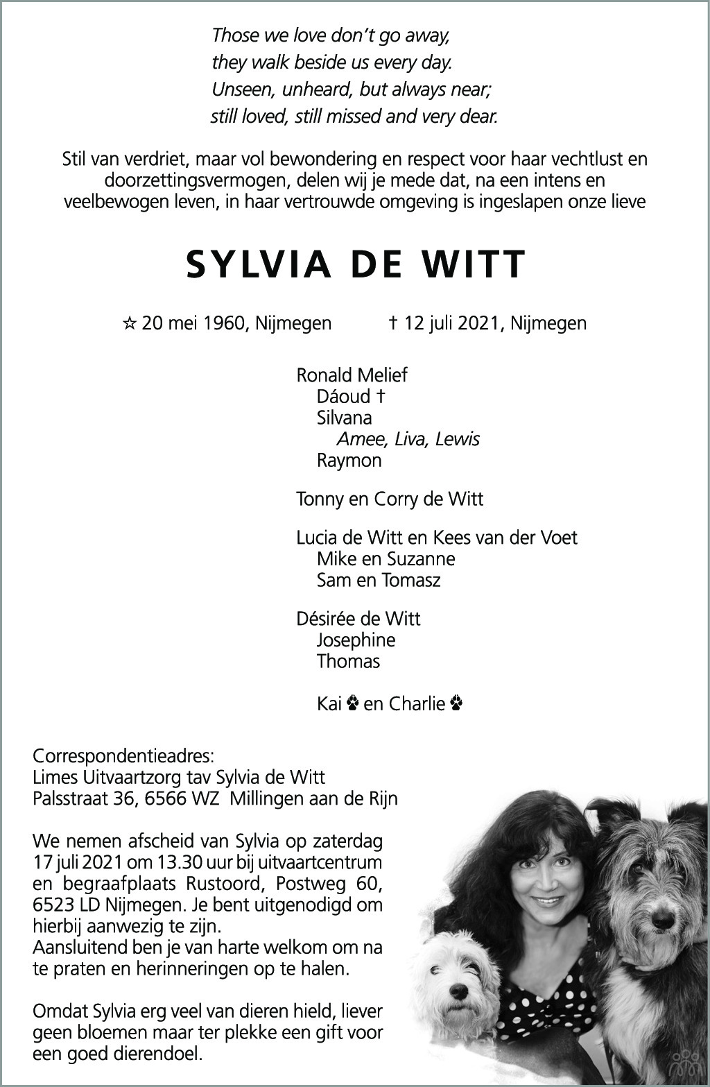 Sylvia De Witt 12 07 2021 Overlijdensbericht En Condoleances