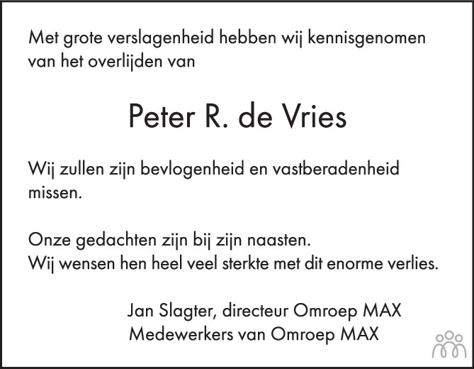 Overlijdensbericht van Peter R. de Vries in AD Algemeen Dagblad