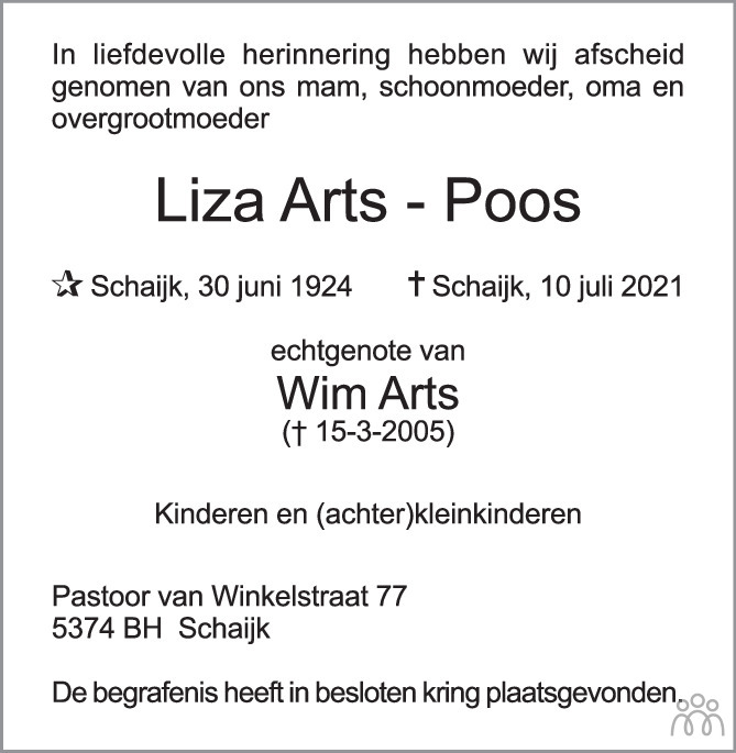 Overlijdensbericht van Liza Arts-Poos in Brabants Dagblad