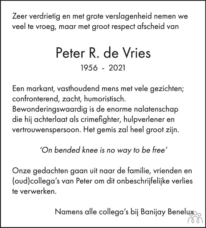 Overlijdensbericht van Peter R. de Vries in de Volkskrant