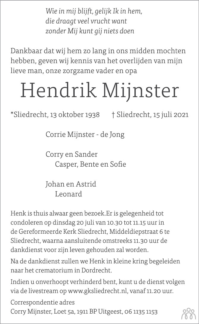 Overlijdensbericht van Hendrik Mijnster in Trouw