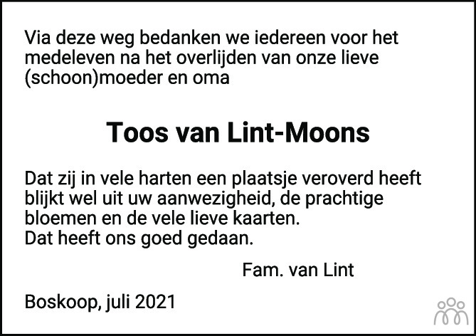 Overlijdensbericht van Toos van Lint-Moons in AD Algemeen Dagblad