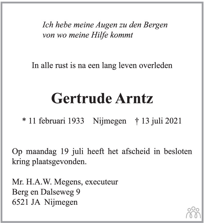 Overlijdensbericht van Gertrude Arntz in de Gelderlander