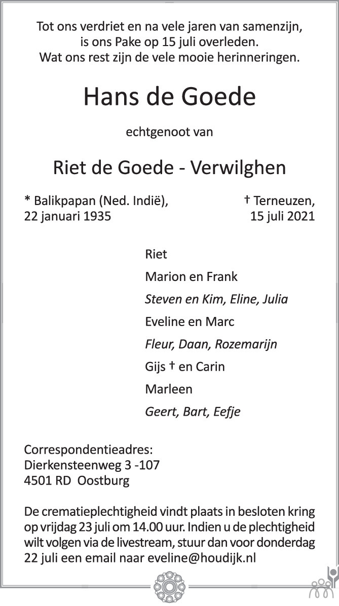 Overlijdensbericht van Hans de Goede in PZC Provinciale Zeeuwse Courant