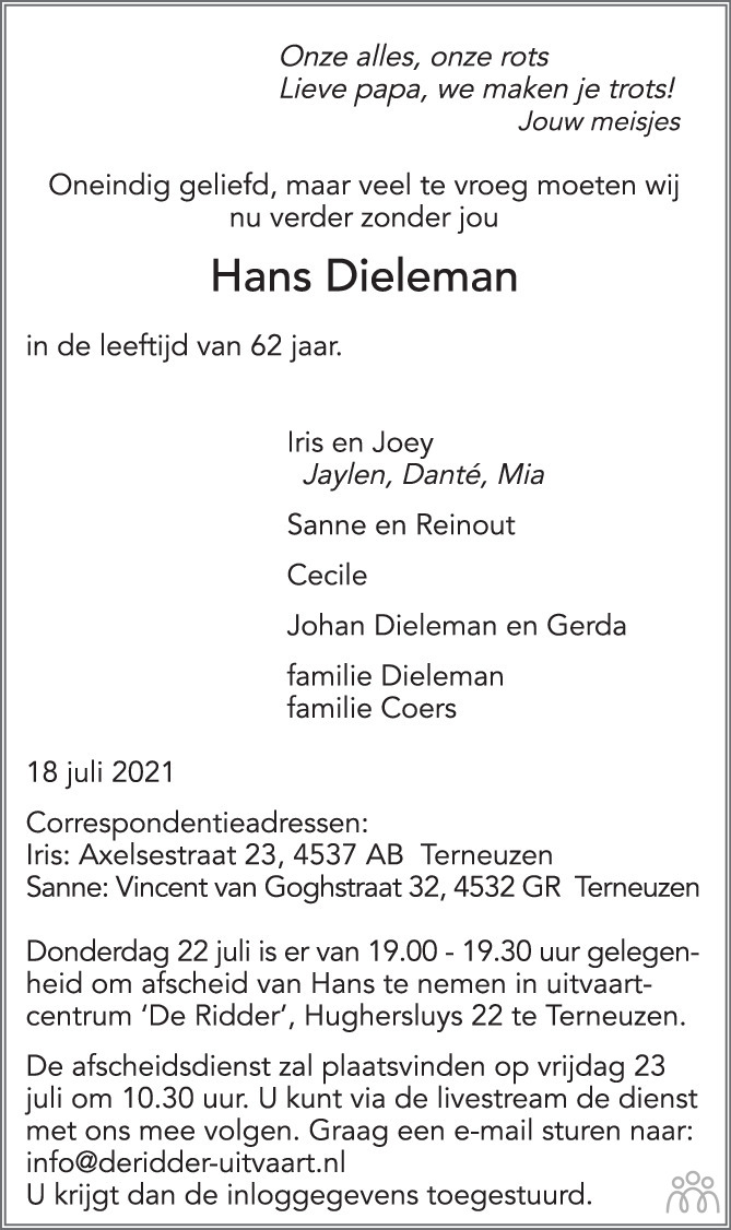 Overlijdensbericht van Hans Dieleman in PZC Provinciale Zeeuwse Courant