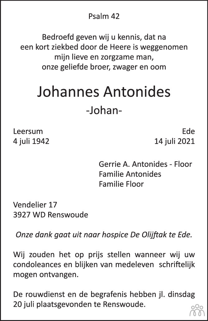 Overlijdensbericht van Johannes (Johan) Antonides in de Rijnpost