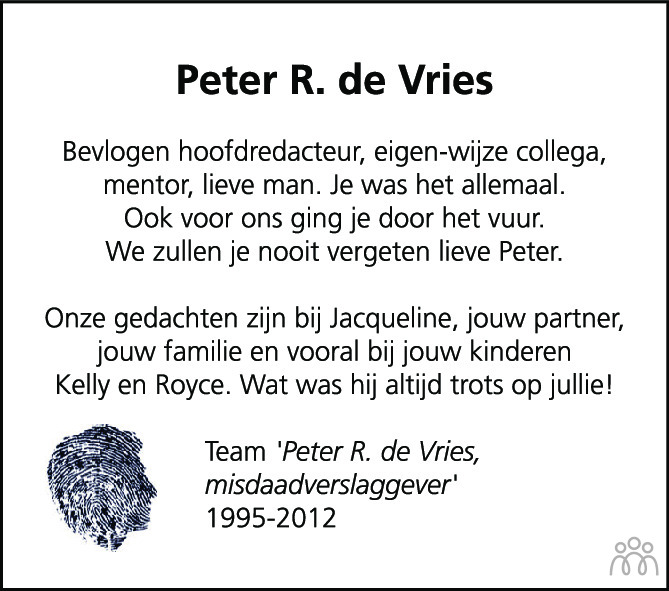 Overlijdensbericht van Peter R. de Vries in Het Parool