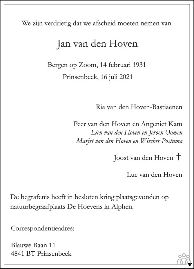 Overlijdensbericht van Jan van den Hoven in BN DeStem