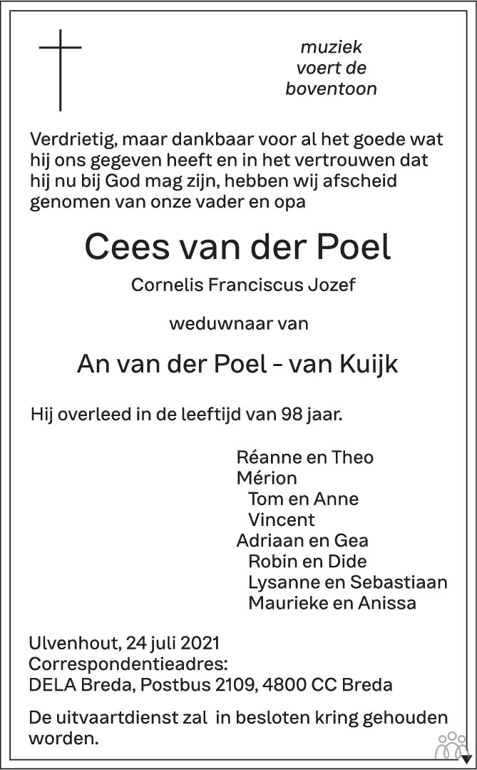 Overlijdensbericht van Cees (Cornelis Franciscus Jozef) van der Poel in BN DeStem