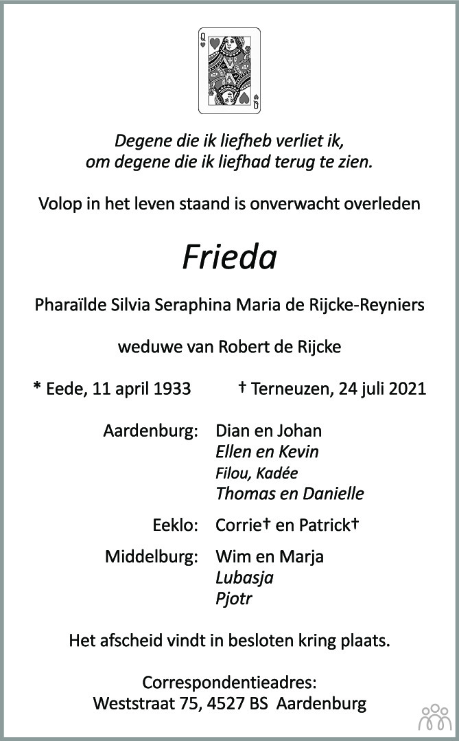 Overlijdensbericht van Frieda (Pharaïlde Silvia Seraphina Maria) de Rijcke-Reyniers in PZC Provinciale Zeeuwse Courant