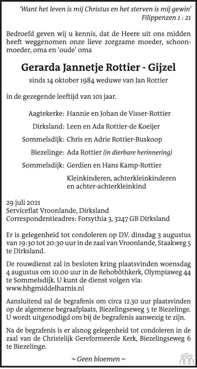 Overlijdensbericht van Gerarda Jannetje Rottier-Gijzel in PZC Provinciale Zeeuwse Courant