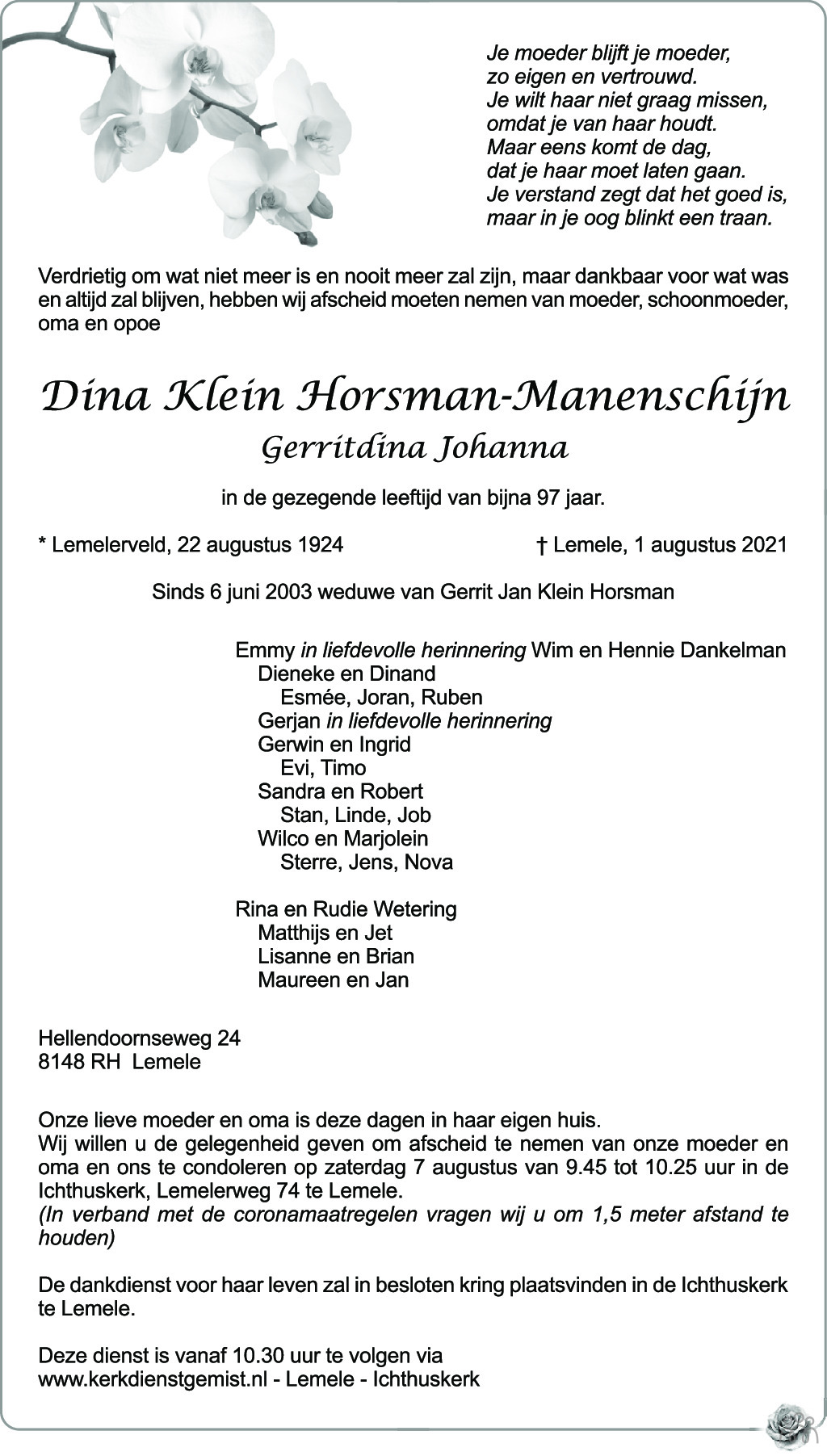 Overlijdensbericht van Dina (Gerritdina Johanna) Klein Horsman-Maneschijn in de Stentor
