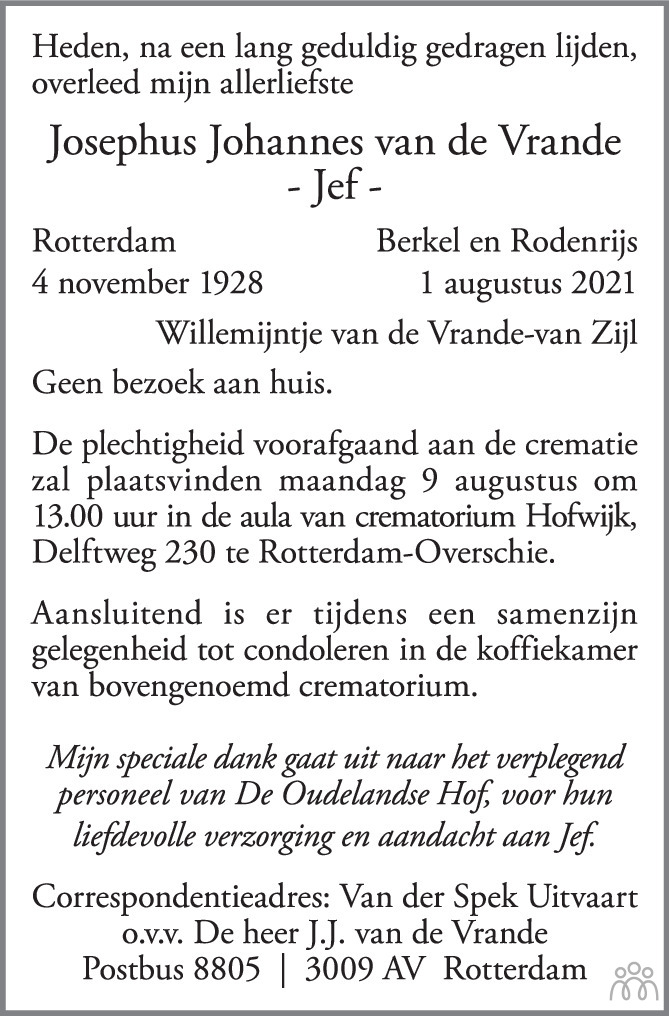 Overlijdensbericht van Josephus Johannes (Jef) van de Vrande in AD Algemeen Dagblad