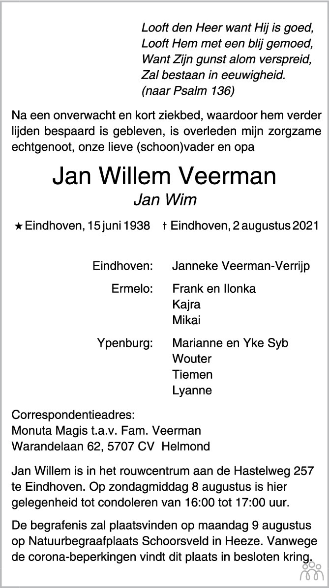 Jan Willem (Jan Wim) Veerman 02-08-2021 overlijdensbericht en ...