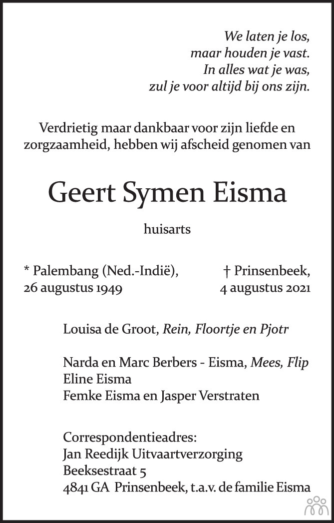 Overlijdensbericht van Geert Symen Eisma in de Volkskrant