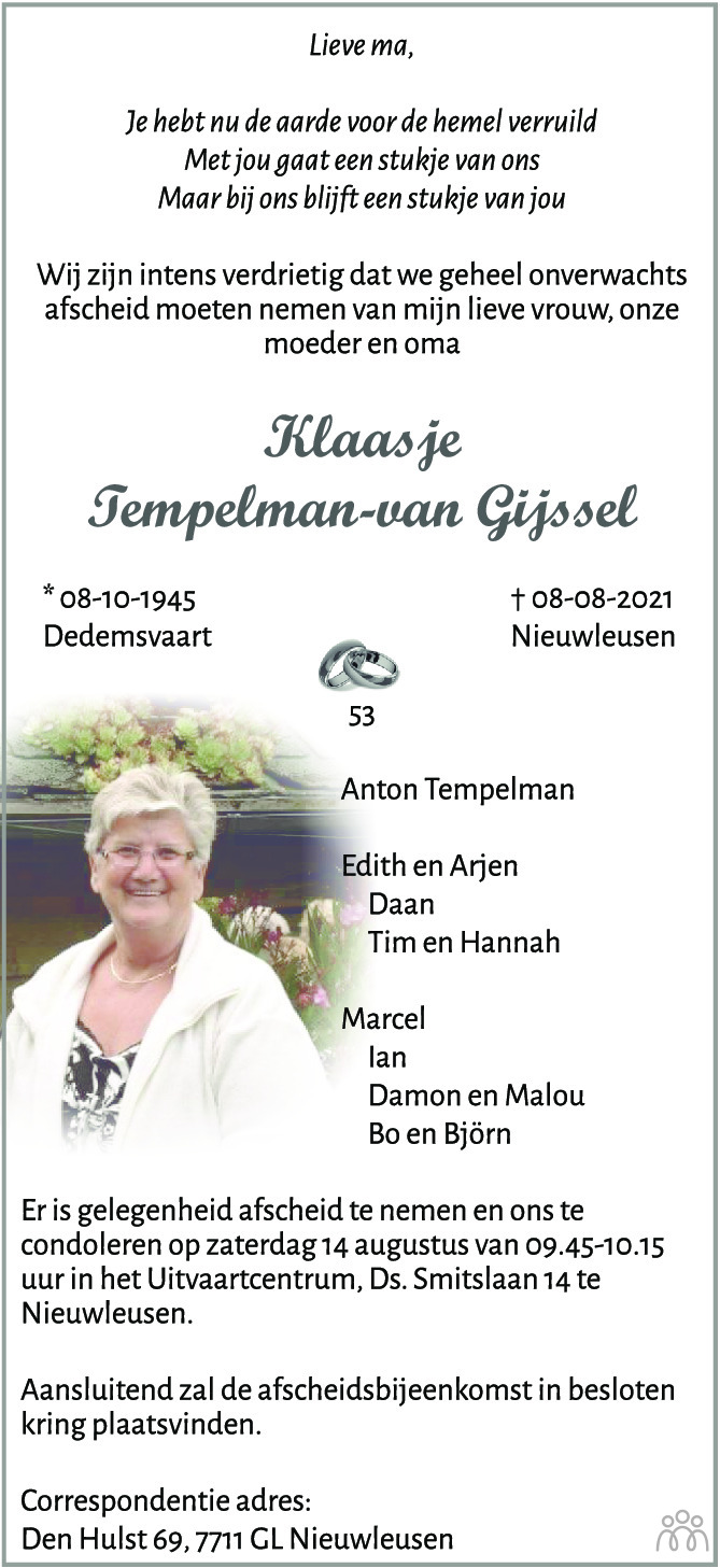 Overlijdensbericht van Klaasje Tempelman-van Gijssel in de Stentor