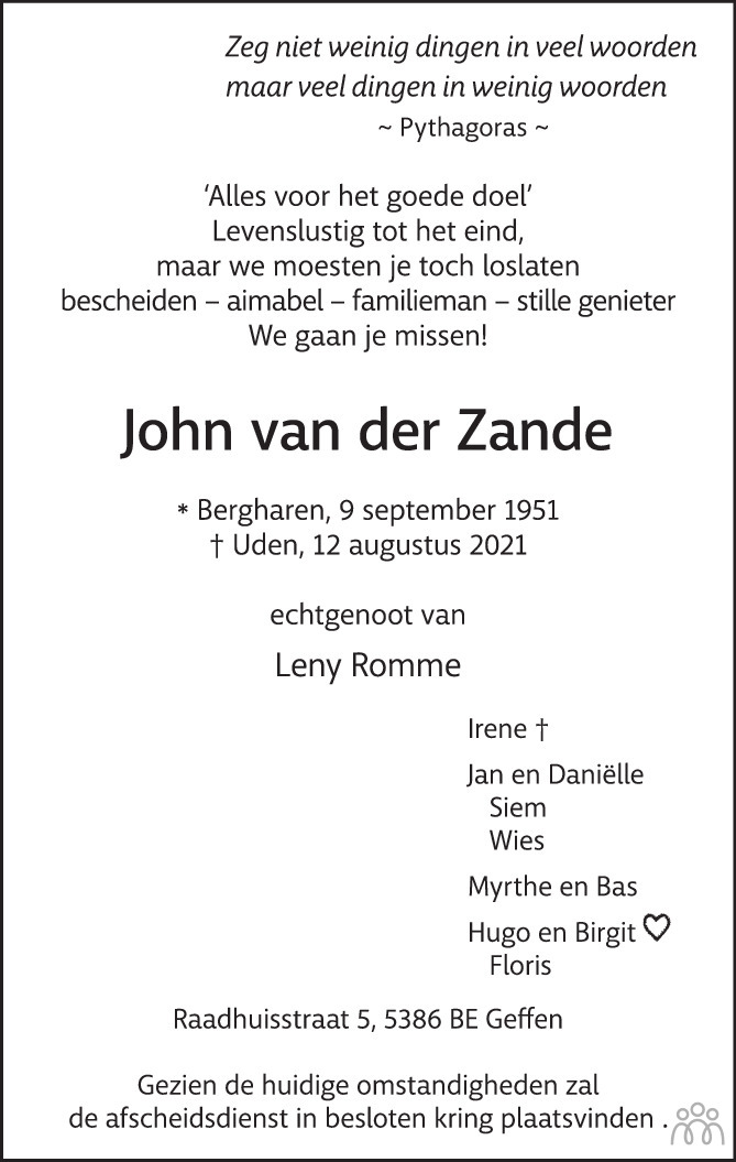 Overlijdensbericht van John van der Zande in Brabants Dagblad