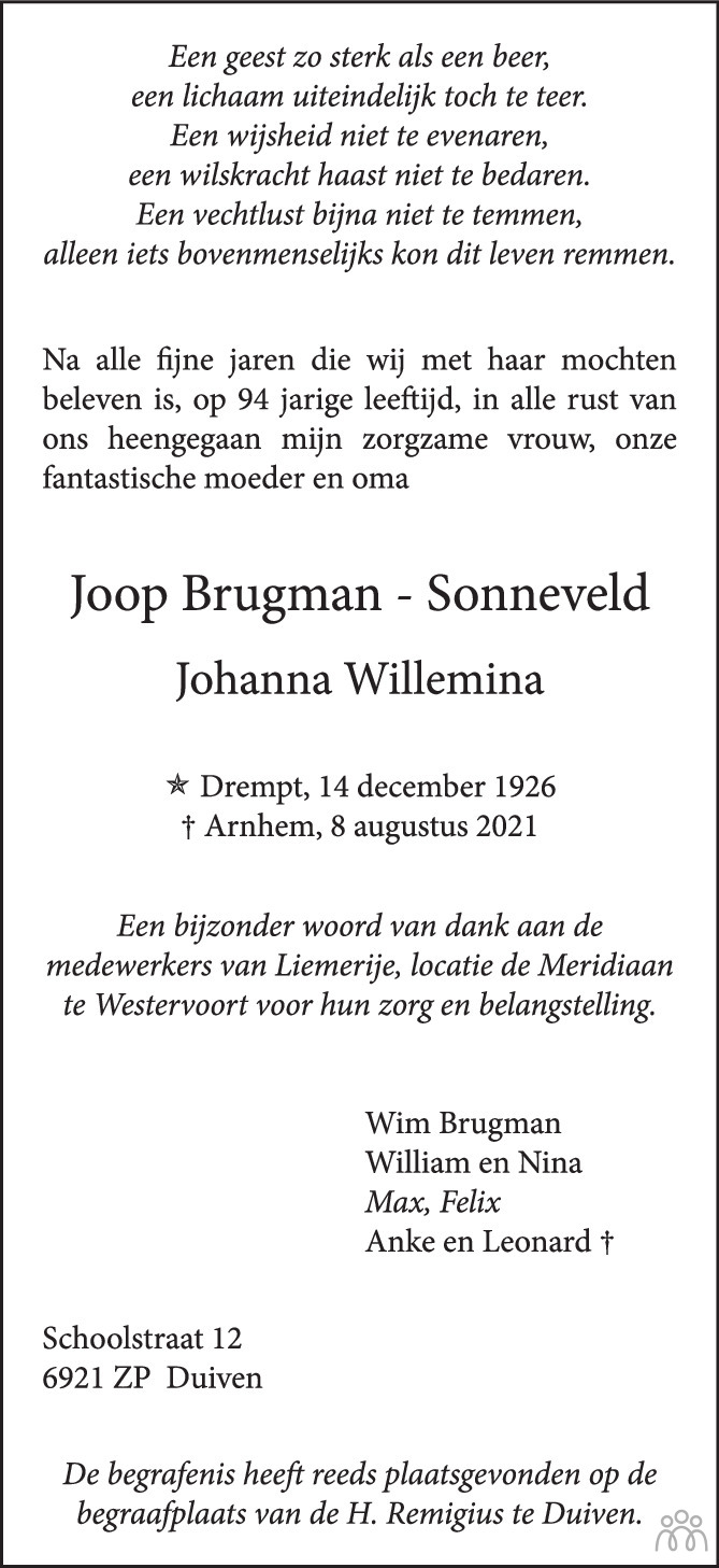 Joop (johanna Willemina) Brugman-sonneveld 08-08-2021 