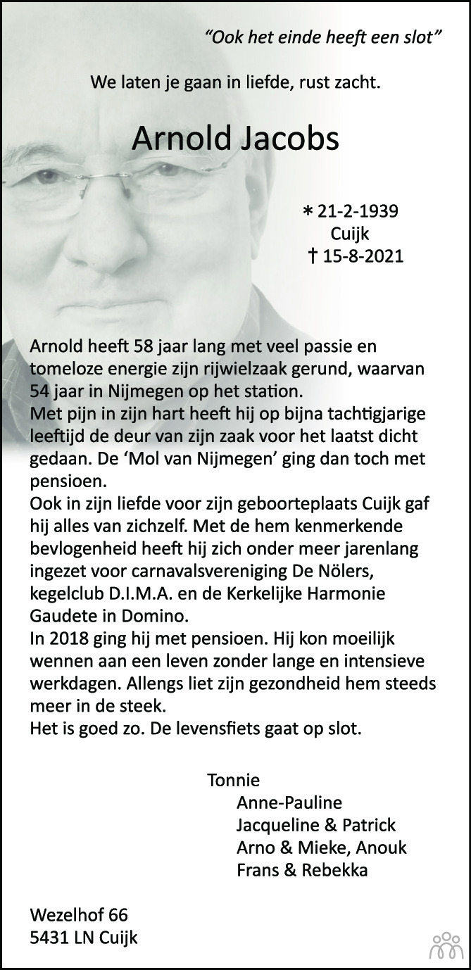 Arnold Jacobs 15082021 overlijdensbericht en condoleances Mensenlinq.nl