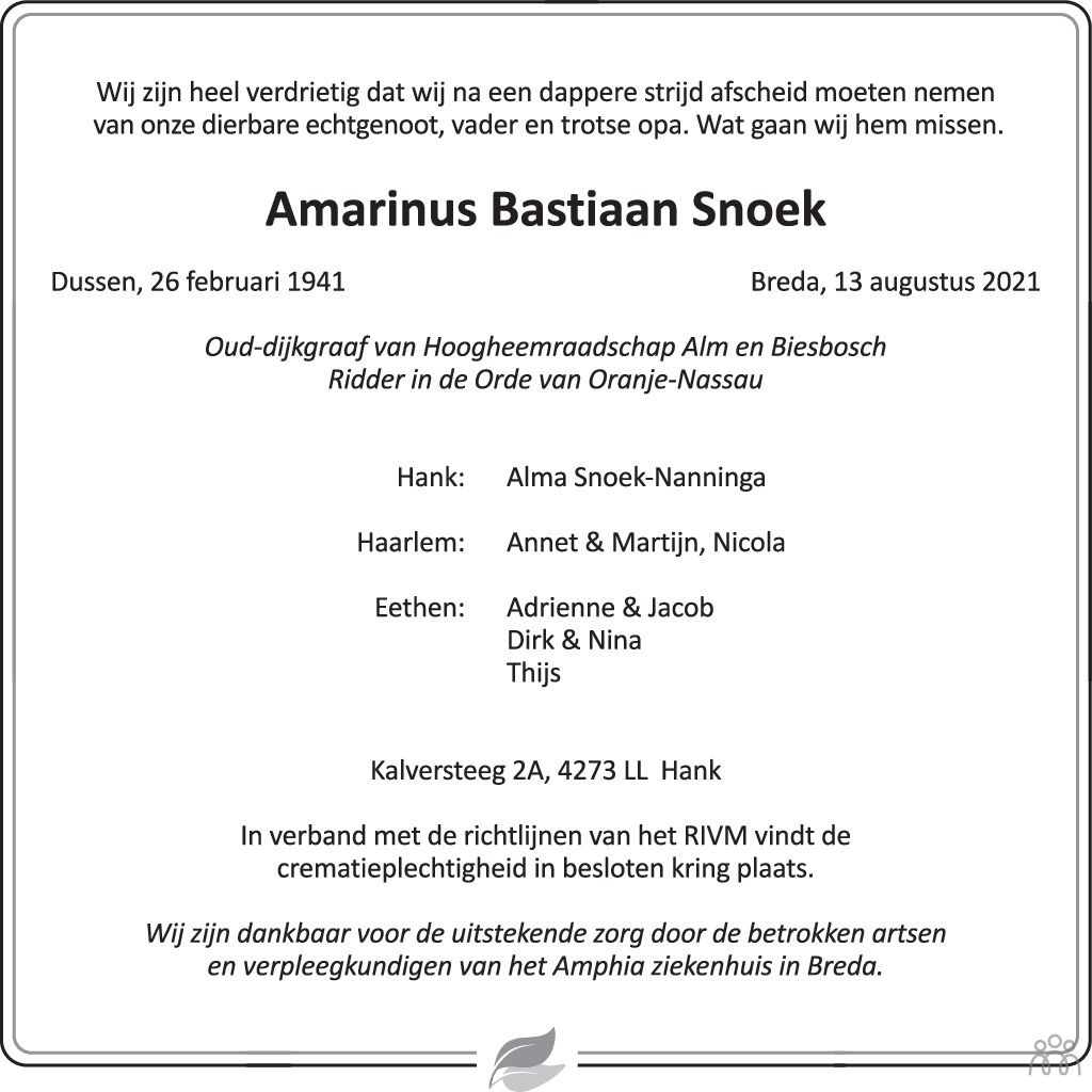 Overlijdensbericht van Amarinus Bastiaan Snoek in Brabants Dagblad