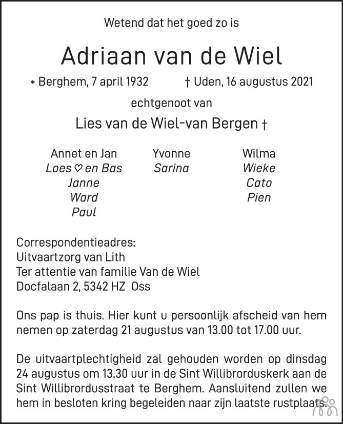 Adriaan van de Wiel 16-08-2021 overlijdensbericht en condoleances ...