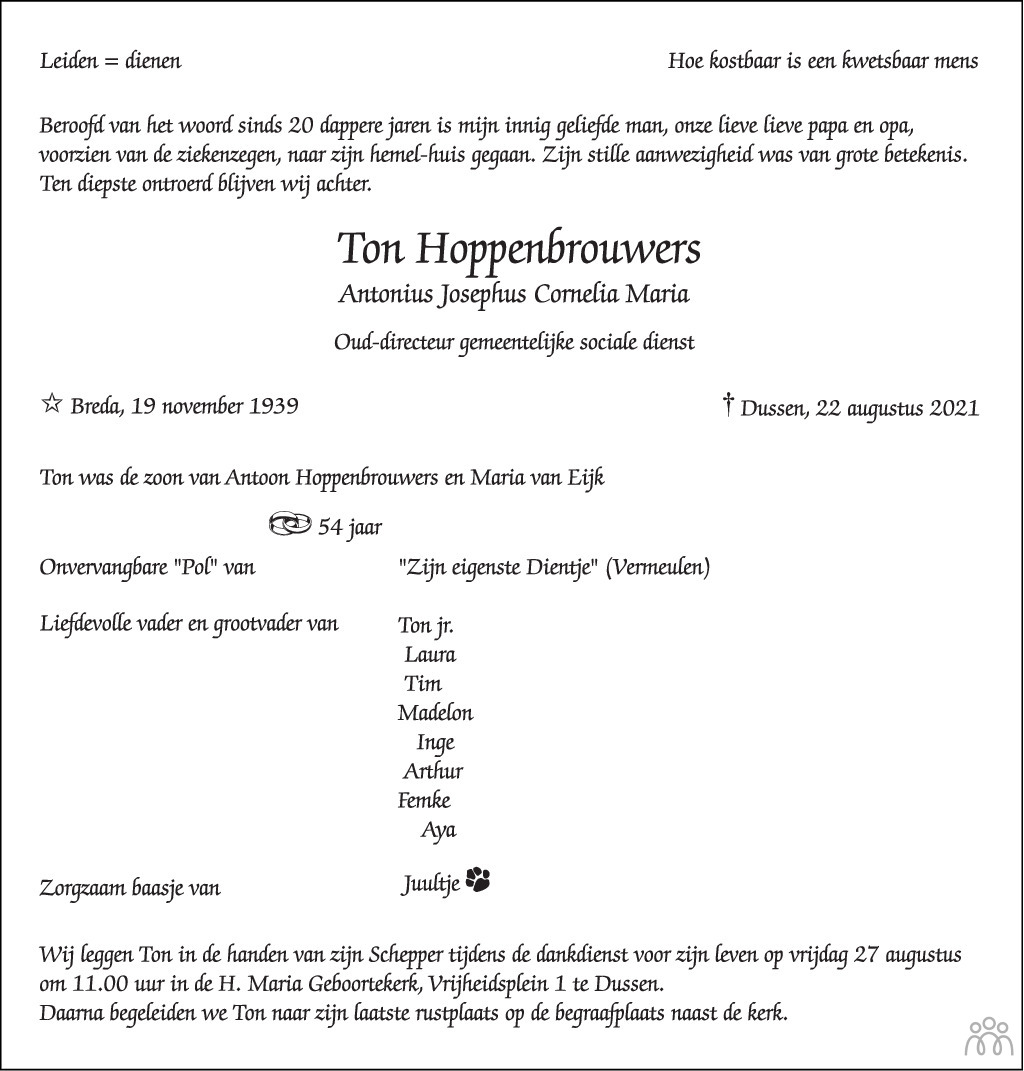 Overlijdensbericht van Ton (Antonius Josephus Cornelia Maria) Hoppenbrouwers in BN DeStem