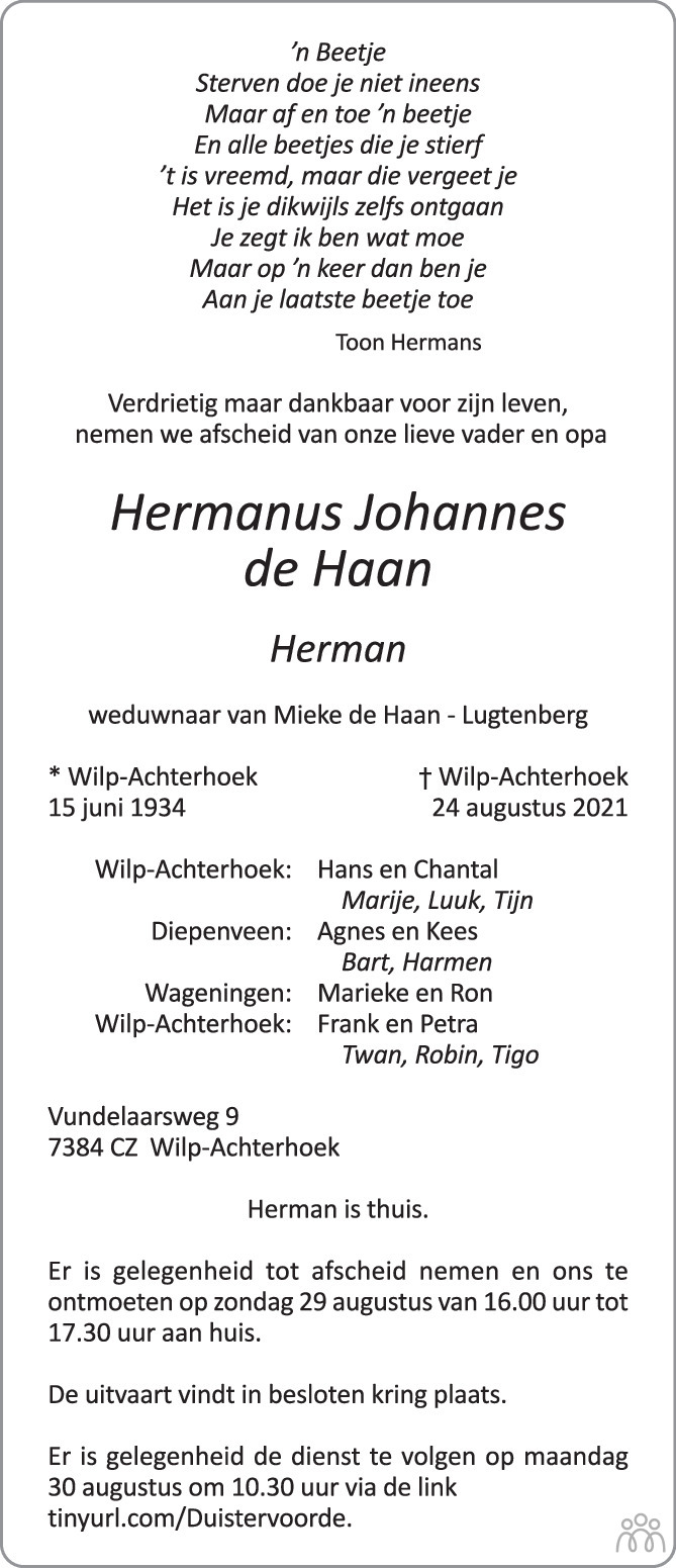 Hermanus Johannes Herman De Haan 24 08 2021 Overlijdensbericht En Condoleances Mensenlinq Nl