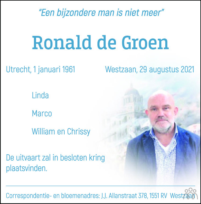 Overlijdensbericht van Ronald de Groen in AD Algemeen Dagblad