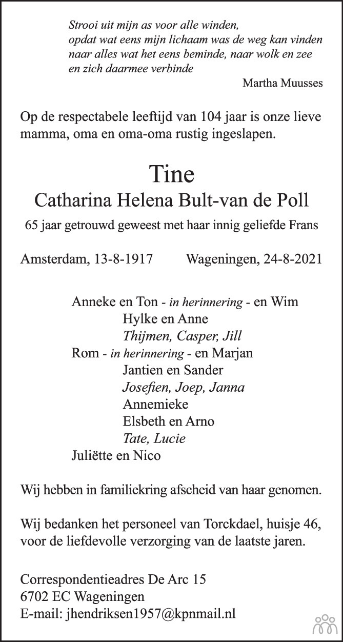 Overlijdensbericht van Tine (Catharina Helena) Bult-van de Poll in Wageningen / Bennekom / Renkum Cominatie