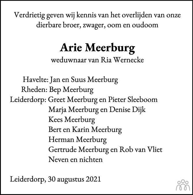 Overlijdensbericht van Arie Meerburg in Trouw