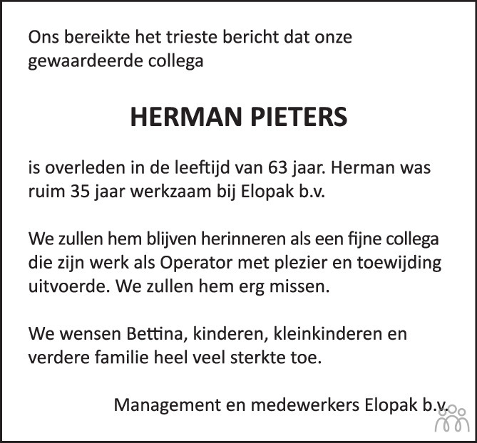Overlijdensbericht van Herman Pieters in PZC Provinciale Zeeuwse Courant
