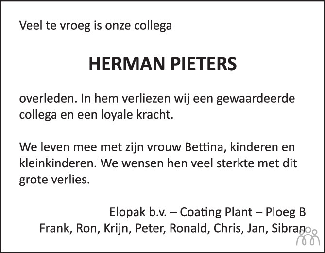Overlijdensbericht van Herman Pieters in PZC Provinciale Zeeuwse Courant