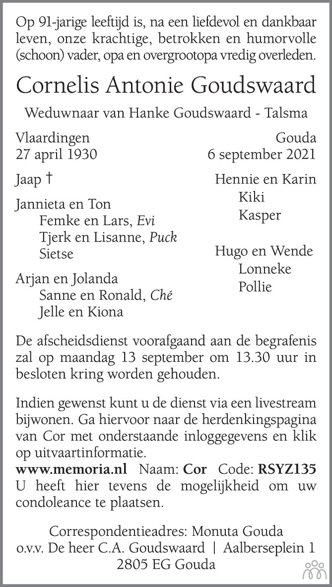 Overlijdensbericht van Cornelis Antonie Goudswaard in AD Algemeen Dagblad