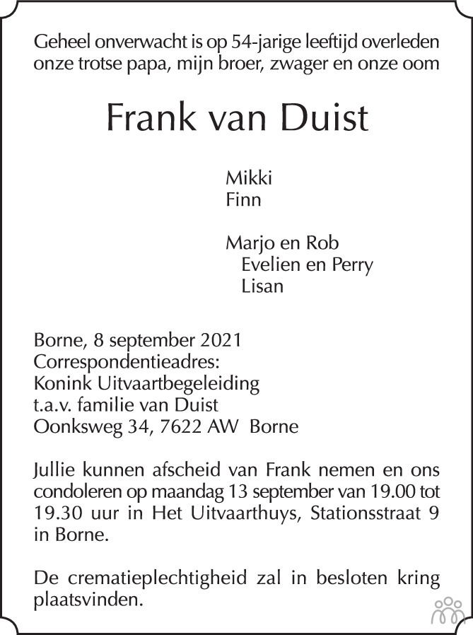 Overlijdensbericht van Frank van Duist in Tubantia