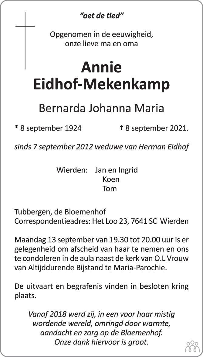Overlijdensbericht van Annie (Bernarda Johanna Maria) Eidhof-Mekenkamp in Tubantia