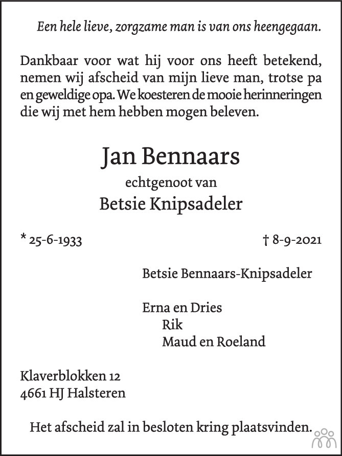 Overlijdensbericht van Jan Bennaars in BN DeStem