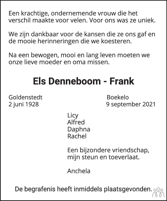 Overlijdensbericht van Els Denneboom-Frank in Tubantia